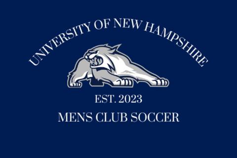 Blue flag with University of New Hampshire, Wildcat Logo and Men's Club Soccer